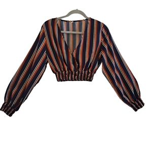 Shein Striped Long Sleeve V Neck Wrap Style Crop Top Size Medium